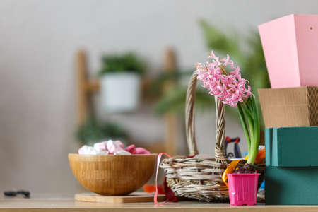 Photo room of florist with marshmallow, gift boxesの写真素材