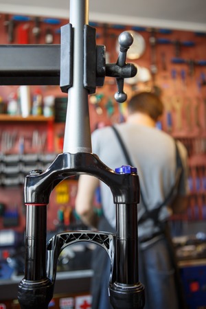 Photo of workshop for repairing bicycle.の写真素材