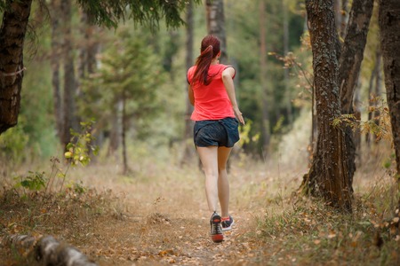 Image from back of sportswoman running through forest on summer dayの写真素材