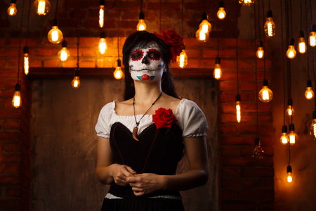 Halloween picture of woman with white make-up on her faceの写真素材