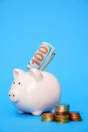 Photo on side of pig piggy bank with coins and banknoteの写真素材
