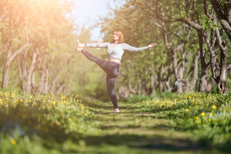 Photo of woman looking in side of standing on one leg practicing yoga in forest during dayの写真素材
