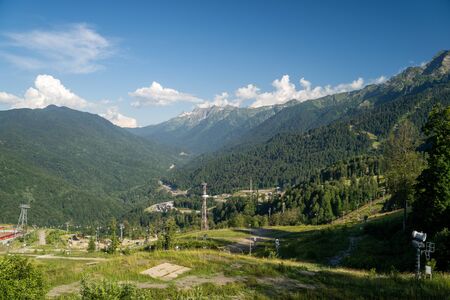 Russia, Sochi - July 4, 2019: Cable car in scenic highlands at summer.Krasnaya Polyana. Rose farm