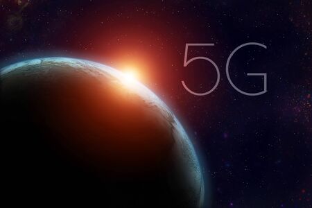 5G network technology concept. Planet Earth with sunrise Mixed media.