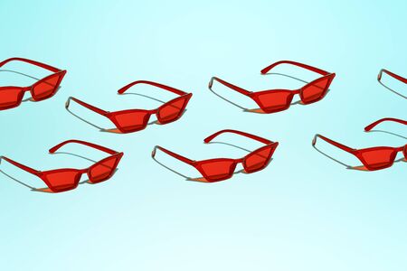 Several red sunglasses on blank blue background