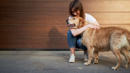 Happy woman in blue jeans hugging dog outdoors in afternoonの写真素材