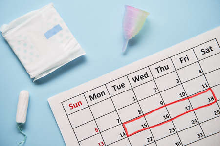 Calendar with cotton tampons and menstrual cup. Woman critical days and hygiene protectionの写真素材