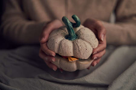 Crop female demonstrating pumpkin with sweetsの写真素材