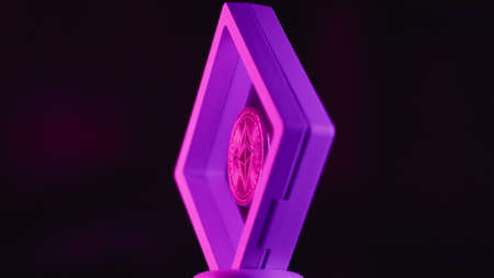 Etherium coin in transpanent plastic frame rotates around its axis
