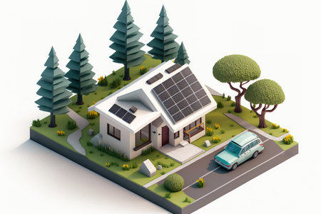 Isometric house with green lawn ans treesの写真素材