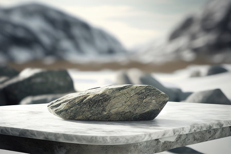 Empry marble stone podium with mountains on backgroundの写真素材