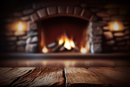 Empty wooden surface with blurred fireplace on background. Product background for montageの写真素材