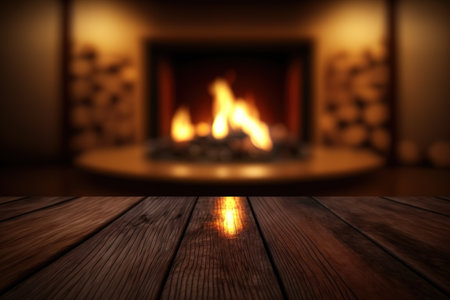 Empty wooden surface with blurred fireplace on background. Product background for montageの写真素材