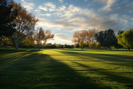 Autumn Golf Course with Evening Sun Raysの素材