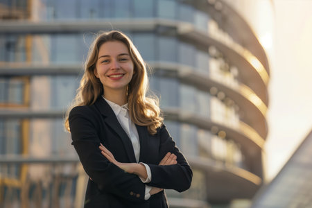 Young Professional Woman Smiling in Urban Settingの素材