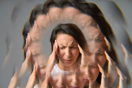 Woman suffering from headache or migraine with multiple exposure effect