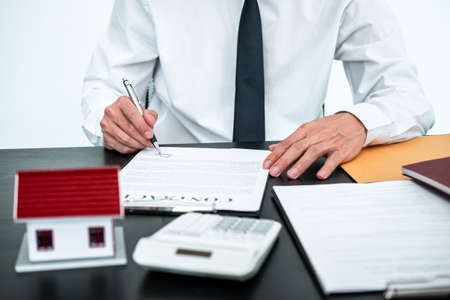 Real estate agent working sign agreement document contract for house insurance approving purchases...
