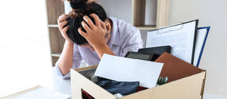 Stress of business woman employee intend to sending resignation letter to boss employer consider in...