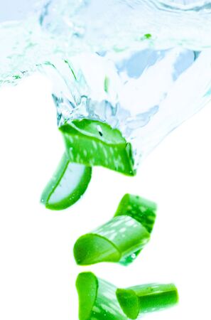 Fresh aloe vera splashing in waterの写真素材