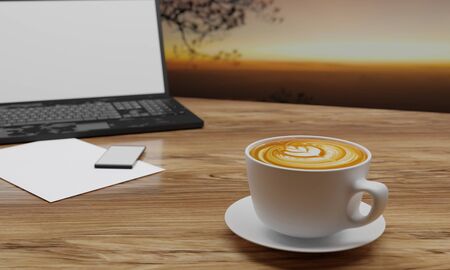 Latte Art coffee in white cup on wooden surface table. Blur blank screen labtop , Black smartphone  and white sheet on table. Copy space and work desk concept. 3D Rendering.の写真素材