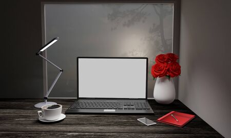Computer Labtop white screen on wooden surface table. Black coffee in white mug. Red roses in white...