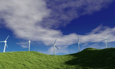 Windmill  and blue sky white cloud background. Wind-turbine on wind farm in rotation to generate electricity energy on outdoor  with meadow tree. Plain landscape background for summer poster. 3D Rendering.の写真素材