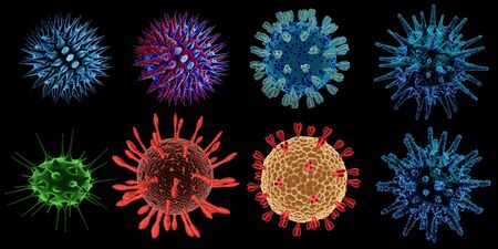 Covid-19 Concept. Set of Abstract bacteria or virus cell in spherical shape with long antennas....