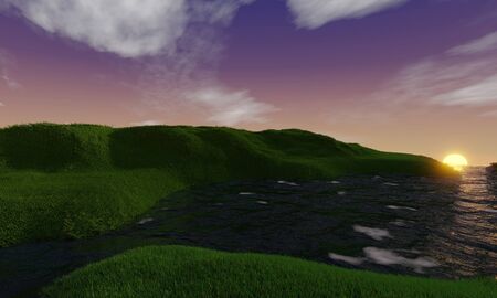 Sunshine and sunlight in the morning with pastel sky white cloud. Plain landscape background for summer morning poster. The best view for holiday. picture of green grass field and sunshine  with white clouds. 3D Rendering.の写真素材