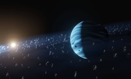 Asteroids Field in Space. Blue Galaxy and Asteroids. Nebula of the Cosmic Sky. Meteors in space. The...