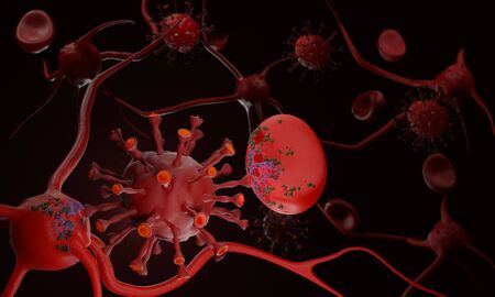 Coronavirus disease COVID-19 infection medical concept. Virus cell attack blood cell and Neuron. New...