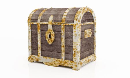 Rusty old treasure box or wooden treasure chest. Isolated on white background and wallpaper. 3D Render.の写真素材