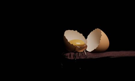 Egg yolk in a cracked  egg shell on wooden table  isolated black background. 3D Rendering.の写真素材