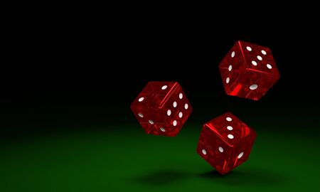 Transparent red dice are falling on the green felt table. The concept of dice gambling in casinos....
