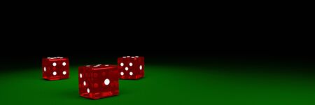 Transparent red dice are falling on the green felt table. The concept of dice gambling in casinos. 3D Renderingの写真素材