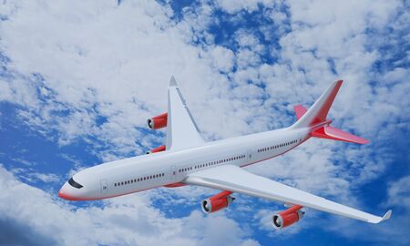 Passenger plane White red stripes flying in the sky on a bright blue day, white clouds in the daytime. To view, see the top of the machine And the upper wing. 3D Rendering.の写真素材