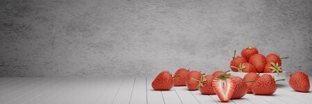 Panorama Many fresh strawberries in a white ceramic cup and on a white wooden floor. Strawberries cut in half on a white wooden table. White plaster. 3D Rendering.の写真素材