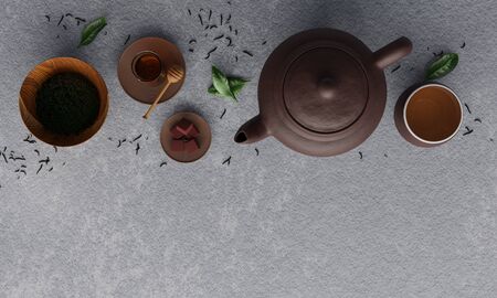 Brown clay teapot and teacup have tea in the cup. The tea ingredients have dried tea leaves in a wooden cup, honey, and brown sugar cubes in the dish. Cement surface or white plaster. 3D Renderingの写真素材