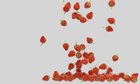 Many fresh red strawberries spread and falling over a white background and used as background or wallpaper. 3D Renderingの写真素材
