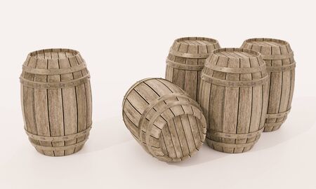 Wooden barrels for wine fermentation There is a metal band for squeezing the body on the floor and a...
