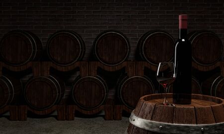 Red wine bottle and clear glass with red wine Put on a wine fermentation tank With many wine fermentation tanks placed close to the red brick wall. 3D Renderingの写真素材
