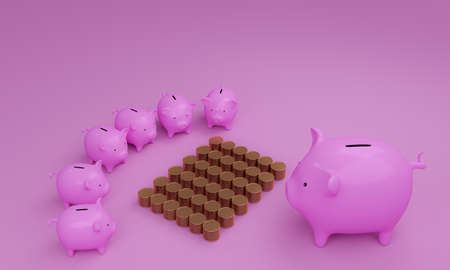 Many pink piggy banks stood around a pile of gold coins. Many gold coins. Stack. Background and pastel pink background. 3d renderingの写真素材