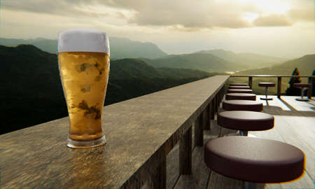 Cold beer in a clear glass bubble and beer foam Put on a long wooden table On the restaurant terrace...