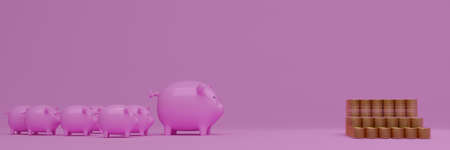 Many pink piggy banks stood around a pile of gold coins. Many gold coins. Stack. Background and pastel pink background. 3d renderingの写真素材