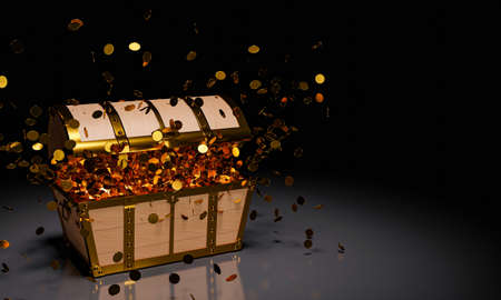 Numerous gold coins spilled out from the treasure chest. Old-style wooden treasure chest tightly...