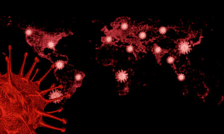 World map showing red and hot spots for covid-19 ( nCov ) or coronavirus crisis. Covid-19 virus nCoV Concept.  Pandemic or virus infection concept. 3D Rendering.の写真素材