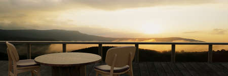 Wooden tables and chairs for relaxing on the balcony or terrace with wooden planks. The restaurant...