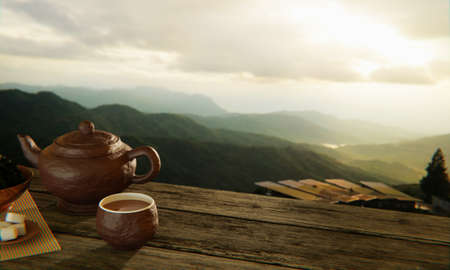 Ceramic teapot Put on the wooden plank table. Mountain restaurant See complex mountains and morning sun and sunlight. 3D Renderingの写真素材