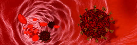 Model of coronavirus or COVID-19 in blood vessels and blood cells. The outbreak of the virus in the...