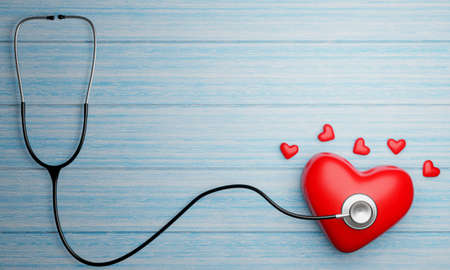 Medical stethoscope On the blue plank floor. Small and large red heart shaped models. 3D Rendering.の写真素材