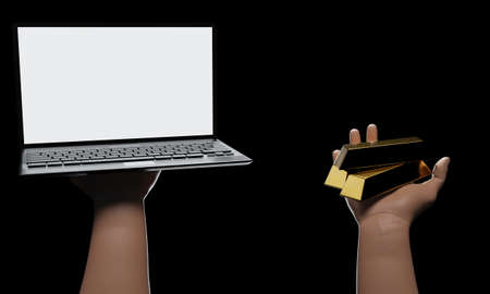 Gold bar on the right hand. Computer or Laptop white screen blank on left hand. Black background...